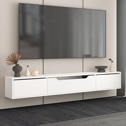 Atelier Mobili Floating TV Stand for Up to 80 Inch TVs – Wall Mounted Media Console with Handle-Free Doors – Modern Entertainment Center with Hidden Storage – White and Oak Finishes (White) - color: White