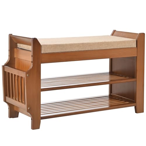 PETKABOO Shoe Bench with Hidden Drawer and Side Holder, 2 Tier Entryway Bench with Storage 31.5 in, Bamboo Shoe Rack with Cushion for Entryway Hallway Living Room Bedroom - size: 31.5"