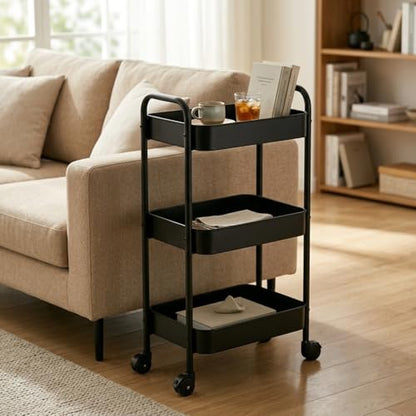3-Tier Metal Rolling Cart with Smooth Casters, Lightweight Storage Utility Cart Mobile Organizer Rack, Multi-Purpose Basket Shelf for Kitchen, Bathroom, Closet, Pantry-Black - color: Black
