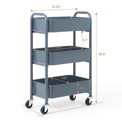 SunnyPoint 3-Tier Delicate Compact Rolling Metal Storage Organizer - Mobile Utility Cart Kitchen/Under Desk Cart with Caster Wheels - Blue (15.35" X 10.24" X 26.8"H) - color: Blue