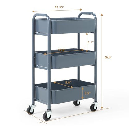 SunnyPoint 3-Tier Delicate Compact Rolling Metal Storage Organizer - Mobile Utility Cart Kitchen/Under Desk Cart with Caster Wheels - Blue (15.35" X 10.24" X 26.8"H) - color: Blue
