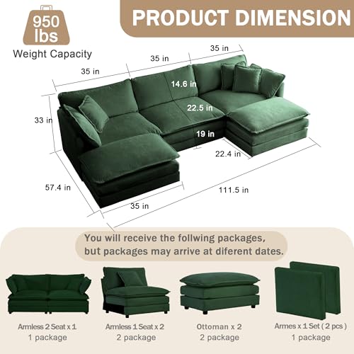 3 Seater Sectional Sofa,111.5 inch U-Shape,Green | Oversized Modular Couch Deep Seat - color: Green, size: 111.5 inch-U