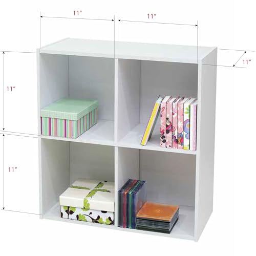 Kings Brand Furniture George 4-Cube Storage Organizer, 2-Tier Bookcase with Wood Shelves for Living Room, Bedroom, Nursery, or Home Office (White) - color: White