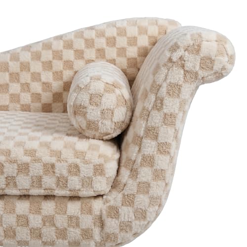 ERYE Upholstered Left Facing Chaise Lounge Chair W/Scroll Arms and Wood Legs, Elegant Chaise Lounge Square Pattern Accent Recliner Lounger Sofa for Living Room Bedroom - color: Pale Camel Faux Fur/L