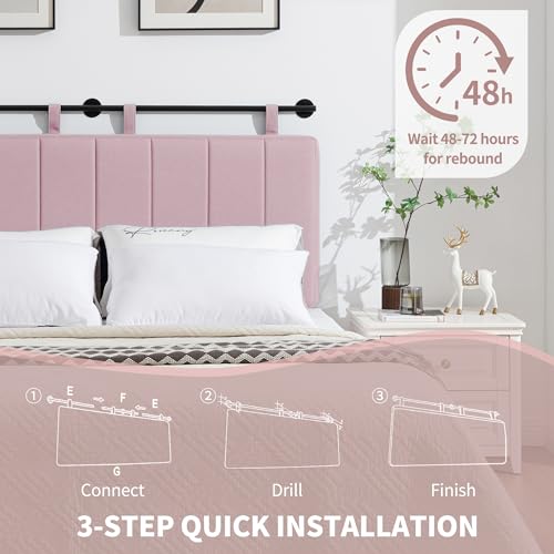 Queen Headboard Only, Wall Mounted Hanging Upholstered Bed Head Board | Modern Vertical Channel Design of Fine Linen, Elegant Pink Fluted Headboard for Bedroom (Pink, Queen Size) - color: Linen/Pink, size: Queen