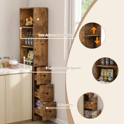 ARTETHYS Tall Slim Bathroom Storage Cabinet with Adjustable Shelves Rustic | Slim Free Standing Space Saver Organizer for Living Room Kitchen, 3 Drawers - color: Rustic