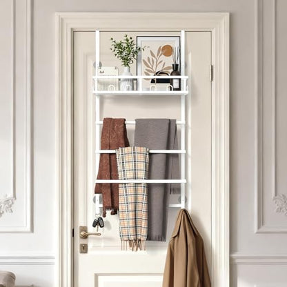 Aetyord Towel Racks for Bathroom Over The Door Towel Rack Towel Storage with Metal Shelf Basket and Hooks White