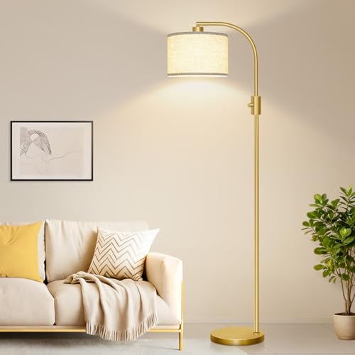 Nintiue Upgraded Modern Arc Dimmable Tall Standing Floor Lamp with Linen Shade, 1200 Lumens LED Bulb Included, for Living & Reading Room, Bedroom, Office & Nursery, Gold - color: Gold-Linen Shade