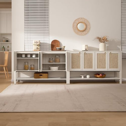 SICOTAS White Sideboard Buffet Cabinet with Rattan Doors, 55" Boho Credenza | White Boho Coffee Bar Cabinet with Open Shelf, Modern Farmhouse Credenza & Console Table for Entryway, Kitchen, Dining Room - color: White Cream Oak