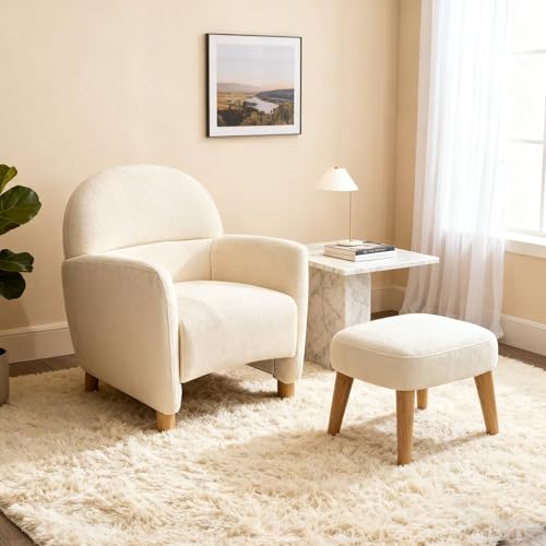 Accent Chair and Ottoman Set, Modern Upholstered Barrel Chair w/Footrest, Small Comfy Armchair Boucle Couch Single Sofa Chair for Living Room Lounge Bedroom Reading Corner, White - color: White, size: Barrel Chair