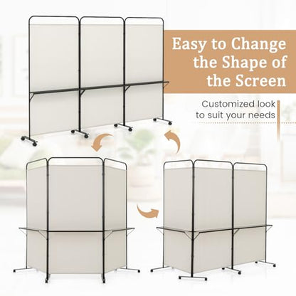 GOFLAME 3 Panel Room Divider with Storage Shelves, 6FT Folding Privacy Screen with Lockable Wheels, Portable Rolling Wall Divider, Freestanding Partition Screen for Room Separation, Beige - color: Beige