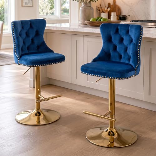 Velvet Bar Stool Set of 2, Adjustable Swivel Bar Stools with Gold Plated Metal Leg, Button Tufted, Footrest, Chrome Nailhead, Counter Height Chair for Kitchen, Bar, Dining Room (Blue) - color: Blue-gold Leg, size: Set of 2