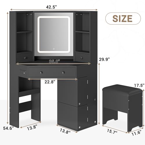 Corner Vanity Desk with Lighted Mirror, Makeup Vanity with Lights and Charging Station, Vanity Set with Mirror and Storage Stool, Makeup Table with Drawers, Rotating Shelves, Black - style: Modern Black