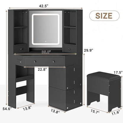 Corner Vanity Desk with Lighted Mirror, Makeup Vanity with Lights and Charging Station, Vanity Set with Mirror and Storage Stool, Makeup Table with Drawers, Rotating Shelves, Black - style: Modern Black