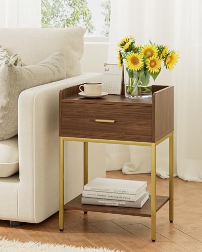 Masupu Nightstand, 3-Tier Modern Bedside Night Stand with Storage Drawer and Shelf, Small End Side Table for Bedroom, Living Room, Walnut - color: Brown Walnut