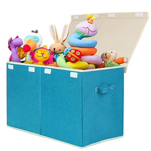 Large Toy Box Chest Storage with Flip-Top Lid, Kids Toy Storage Bin Boxes | Toy Chest with Rivets Handles for Kids, Boys, Girls, Nursery, Playroom, Living Room, Bedroom, 25"x 13" x 16" (Linen Teal) - color: Large Teal