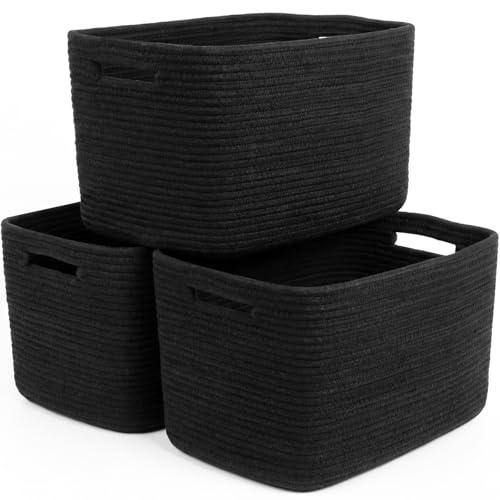 Storage Baskets for Organizing, 14 x 10 x 9” Closet Shelf Woven Baskets, Square Bins with Handles, Cotton Rope Basket for Clothes, Office, Room, Black 3 Pack - color: Black, size: 3pcs