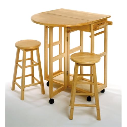 Furnifact Space-Saving 3-Piece Drop Leaf Dining Set, Solid Wood Table & 2 Round Stools, Brown