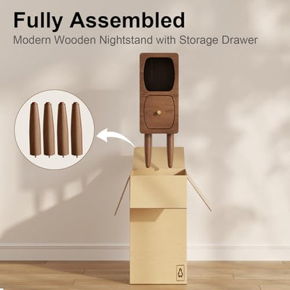 Slim Nightstand with Drawer, Modern Walnut Bedside Table for Small Spaces | Slim Nightstand with Drawer and Open Storage, Modern Walnut Wood Design for Bedrooms Apartments and Small Spaces