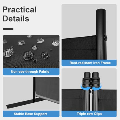 MAYOLIAH 4 Panels Folding Room Divider 6ft Tall Freestanding Privacy Screen | Large & Stable Room Partition w/ Multi Flat Bases as a Temporary Wall at Home Office Studio Garage, Black 136"W*17.7"D*72"H - color: Black, size: 34"-4 Panel-Flat Base