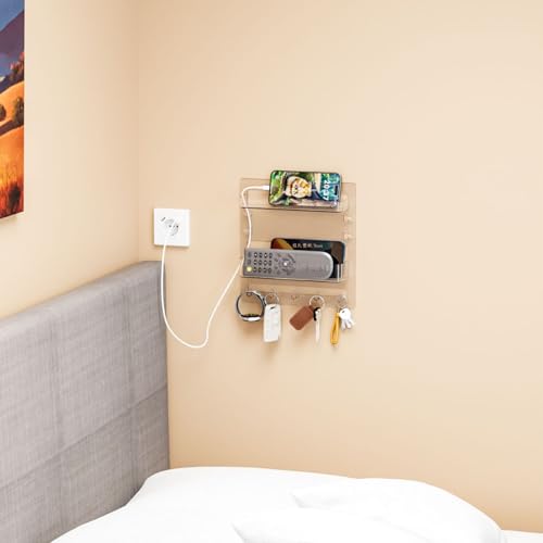 Bedside Shelf for Dorm Bed,Rv,Small Room and Nightstand,Wall Mounted Floating Shelves and Bedside Wall Organizer for Remote,Phone Holder,Charging Shelf,Cute Bedroom Decor for College Girl,Clear