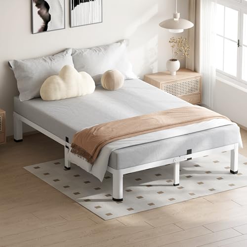 18 Inch White Queen Bed Frame with Round Corners No Box Spring Needed | 3500lbs Heavy Duty, Under bed storage, 4 mattress stoppers, Headboard holes, Noise-free, Easy assembly & rubber covers - size: Queen, style: 10 Inch White