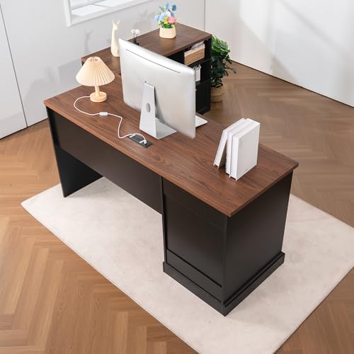 60" Professional Office Desk with 40" Mobile File Cabinet,Business Desk with Charging Station,L Shaped Executive Desk Set for Office Work,Home Study - color: Walnut & Black