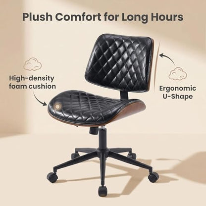Furnimart Wooden Armless Desk Chair with Wheels, 360° Swivel Faux Leather Vanity Chair for Bedroom, Small Office Computer Task Chair for Home & Compact Spaces (PU Black) - color: Pu-black
