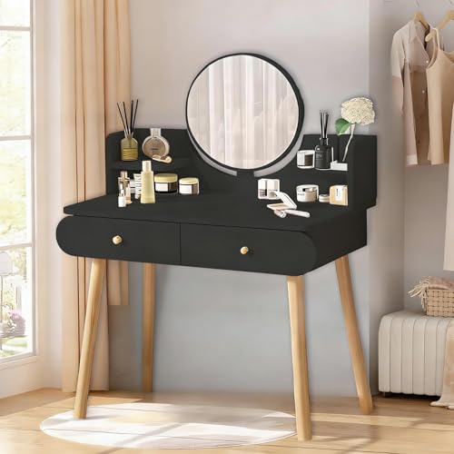 Makeup Vanity Table Set with Mirror, Medium Density Fiberboard Modern Makeup Vanity Dressing Desk with 2 Drawers and 2 Shelves, 31.5"(L)*15.7"(W)*47.2"(H), White (Without Stool) (Black) - color: Black