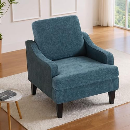 Accent Chair for Living Room,Mid-Century Arm Chair Fabric Living Room Chairs,Upholstered Reading Chair for Bedroom,Single Sofa Chair with Wood Legs for Apartment (1, Chenille Blue) - color: Blue