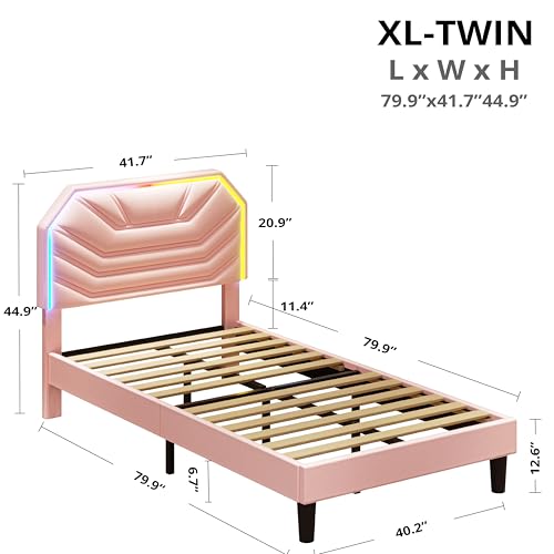 LIKIMIO Upholstered Twin XL Bed Frames with LED Light Headboard | Modern Cama Twin XL Platform Bed Frame with Heavy Duty Supports, No Box Spring Need, Noise Free, Easy Assembly, Princess Pink - color: Princess Pink, size: Twin XL