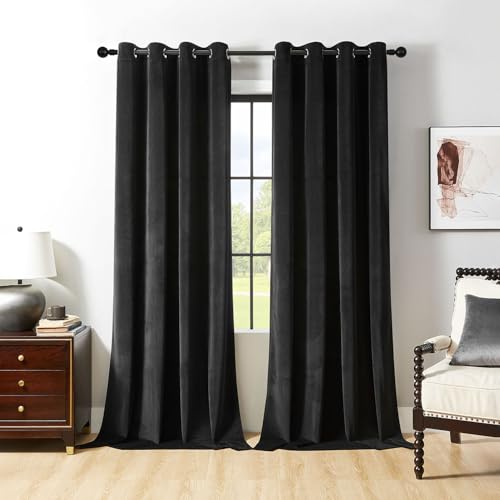 Joydeco Black Velvet Curtains 63 Inches Long, Luxury Grommet Blackout Curtain 2 Panels, Thermal Insulated Privacy Room Darkening Window Drapes for Bedroom Living Room Home Theatre (52Wx63L) - color: *Grommet | Black, size: 52"W x 63"L (Pack of 2)