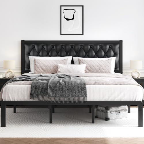 HISOFT King Bed Frame with Upholstered Button Tufted Headboard, Bed Frame Platform Metal Slats Support, Under Bed Storage, No Box Spring Needed, Noise-Free, Easy Assembly, Black - color: Black, size: King
