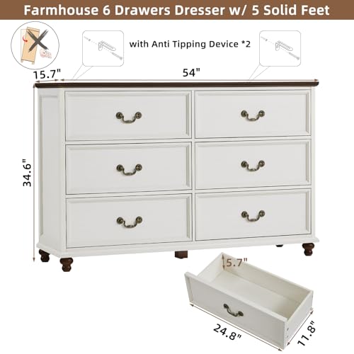 Joaxswe Farmhouse 6 Drawers Dresser for Bedroom, Vintage 54" Wide Chest of Drawers w/ 4 Wooden Legs, Rustic Large Closet Storage Dressers Organizer for Hallway, Wood TV Stand for Living Room, White - color: Elegant White, size: 15.7"D x 54"W x 34.6"H (6 D