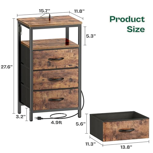 Huuger Night Stand with Charger Station and LED Lights, 3 Drawer Nightstand | Bed Side Table with Open ShelfEnd TableTall Fabric Dresser for Bedroom, Rustic Brown - color: Rustic Brown, size: 11.8"D x 15.7"W x 27.6"H（3 Drawers）