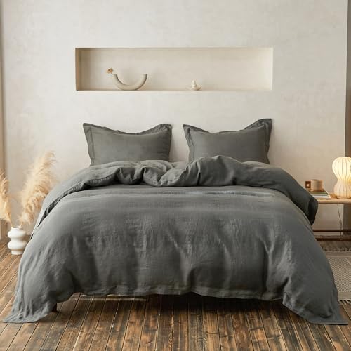 Simple&Opulence 100% Linen Duvet Cover Set with Crossed Embroidery Washed - 3 Pieces (1 Duvet Cover with 2 Pillow Shams) Soft Breathable Farmhouse - Cushing Green, Queen Size - color: Crossed-cushing Green, size: Queen
