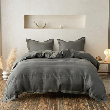 Simple&Opulence 100% Linen Duvet Cover Set with Crossed Embroidery Washed - 3 Pieces (1 Duvet Cover with 2 Pillow Shams) Soft Breathable Farmhouse - Cushing Green, Queen Size - color: Crossed-cushing Green, size: Queen