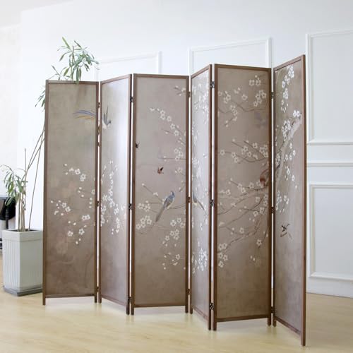 6 Panel Room Divider for Room Separation, 5.6 ft Tall Double Sided Blackout Folding Privacy Screen - Freestanding Wall Partition with Plums and Birds Scenery for Home Office (67"H x 94.5"W) - color: Plums and Birds, size: 6 Panel