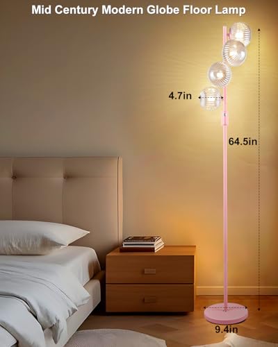 Lightdot 64IN Dimmable Floor Lamp with Globe Clear Glass Shade, Modern Pink Standing Lamps with 4PCS 3000K Bulbs Included,LED Floor Lamp with 5Lbs Heavy Base for Living Room Bedroom//Sofa Beside - color: 4 Clear Globe-Pink