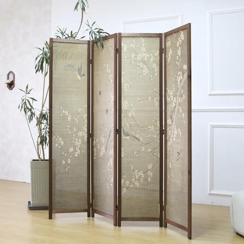 4 Panel Bamboo Room Divider for Room Separation, 5.6 ft Tall Double-Sided Folding Privacy Screen with Premium Thickened Wood Frame, White Plum and Birds (67" H x 63" W) - color: Plum and Birds, size: 4 Panel