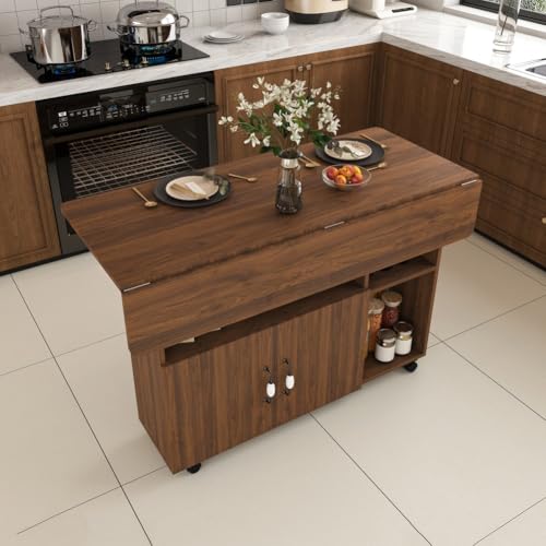 Folding Dining Table with Wheels, Drop Leaf Dinner Table with 2-Layer Storage, Space Saving Table for Small Spaces, Kitchen, Dining Room (Walnut) - color: Walnut