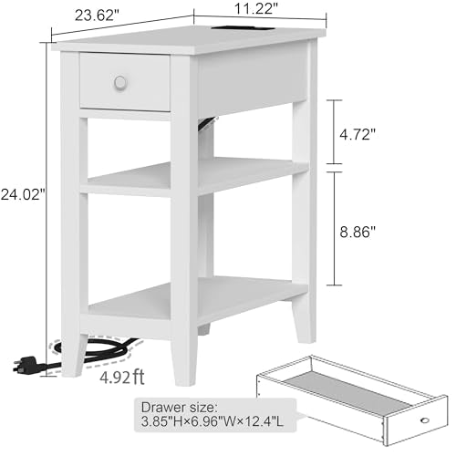 ChooChoo Narrow End Table with Charging Station and Drawer | Narrow End Table, 3-Tier Sofa End Table, Small Space, White - color: White