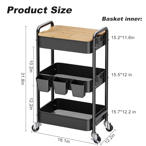 3 Tier Rolling Cart with Wood Table Top, Rolling Cart Table on Lockable Wheels,Rolling Side Table with Storage, Black Utility Carts for Arts and Crafts, Dorm, Medica, Laundry Room, Roller Book Shelf - color: Black