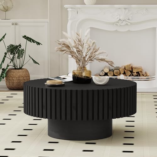 31.5 inch Black Round Drum Fluted Coffee Table | Mid Century Style Fluted Drum End Table, Handcrafted Wood Fluted Relief, with Sturdy Base, For Living Room & Apartment - color: Black Round