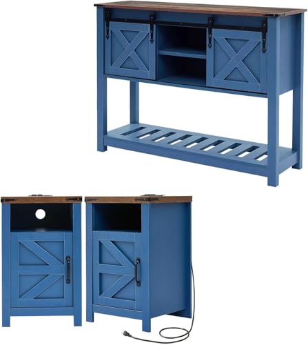Farmhouse Entryway Table Set of 3, Console Table with Storage and 2 End Tables, Rustic Sofa Table Set for Living Room, Hallway, Bedroom, Blue - color: 3pcs-blue