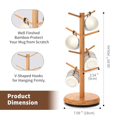 BAMBANG Mug Holder, 360° Rotating Mug Tree Holds 8 Coffee Cups, Space Saving Mug Rack with Stable Base for Kitchen Coffee Bar - color: Natural