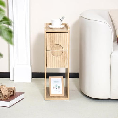 Small Fluted Nightstand Set of 2, Wood 2 Drawer Narrow Nightstand, Slim Side Table, Modern Boho End Bedside Table, Natural Wood Night Stand with Drawers for Bedroom, Living Room, Natural - color: Natural-2 Pcs
