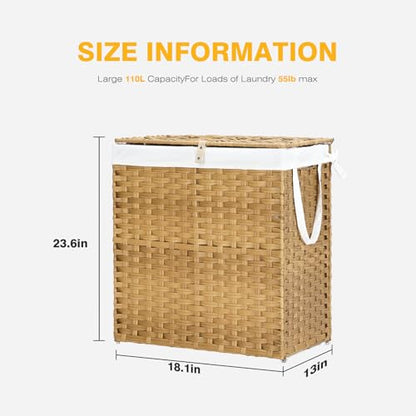 NEWBULIG 110L Extra Large Divided Laundry Hamper with Lid, 2 Section Collapsible Dirty Clothes Basket, Dual Removable Liner Bags for Bedroom, Bathroom, Closet and Dorm Room Organization Goose Yellow - color: Goose Yellow