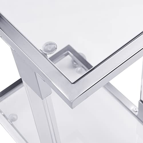 Clear Sofa Side Table C Shaped End Table with Wheels, Rolling Acrylic Bedside Laptop Snack Table TV Tray, Mobile Breakfast Tray Table with Tempered Glass Shelves and Clear Acrylic Frame - color: Acrylic Clear, Silver