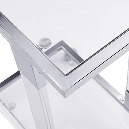 Clear Sofa Side Table C Shaped End Table with Wheels, Rolling Acrylic Bedside Laptop Snack Table TV Tray, Mobile Breakfast Tray Table with Tempered Glass Shelves and Clear Acrylic Frame - color: Acrylic Clear, Silver